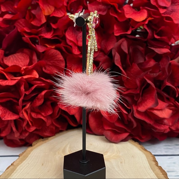 Romantic Crystal Pearl Pink Puff Pom Pom Earrings - Picture 9 of 15